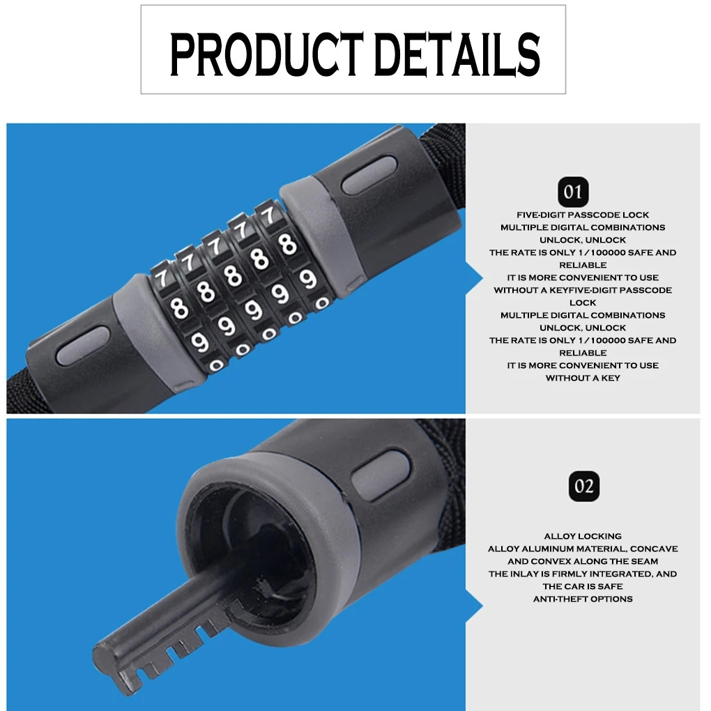 Security Anti-Theft Bike Chain Lock 5 Digit Resettable Combination Heavy Duty Bicycle Chain Lock for Bicycle Motorcycle Scooter