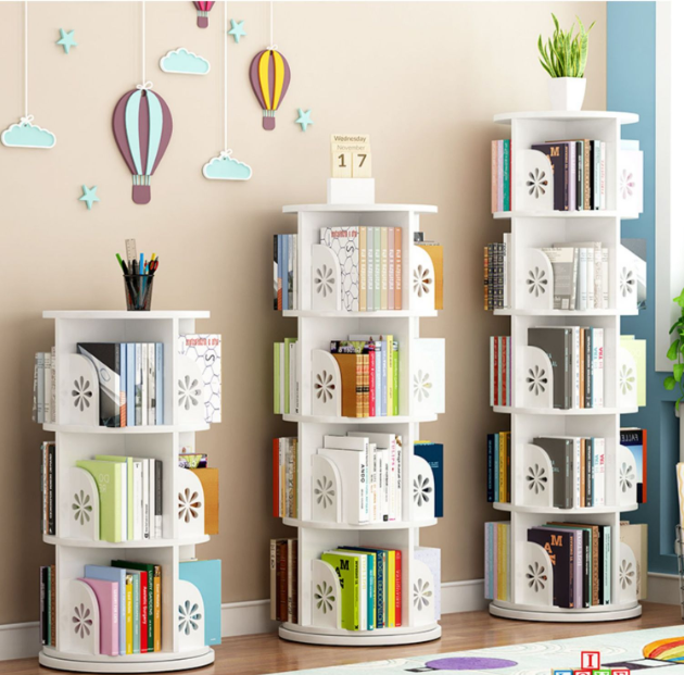 Kids Rotatable Bookshelf 360 Degree Wood Bookcase Revolving Storage Holders Racks Bookcase For Children