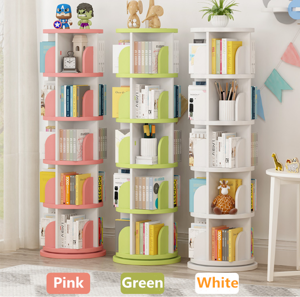 Kids Rotatable Bookshelf 360 Degree Wood Bookcase Revolving Storage Holders Racks Bookcase For Children