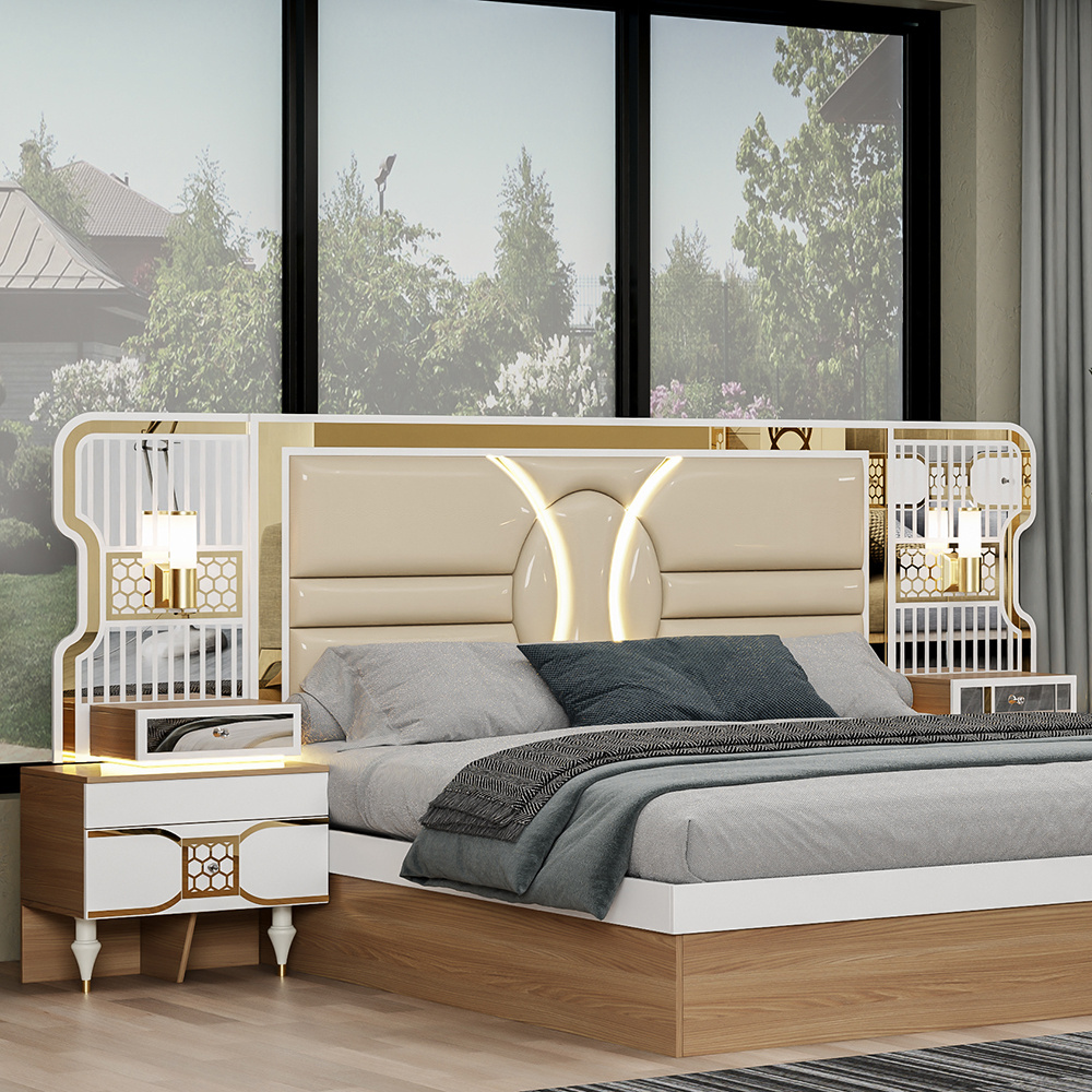 Luxury King Size Bed Lighted Headboard Bedroom Set Large Storage 6 Door Wardrobe Classic Style Furniture Bedroom Sets