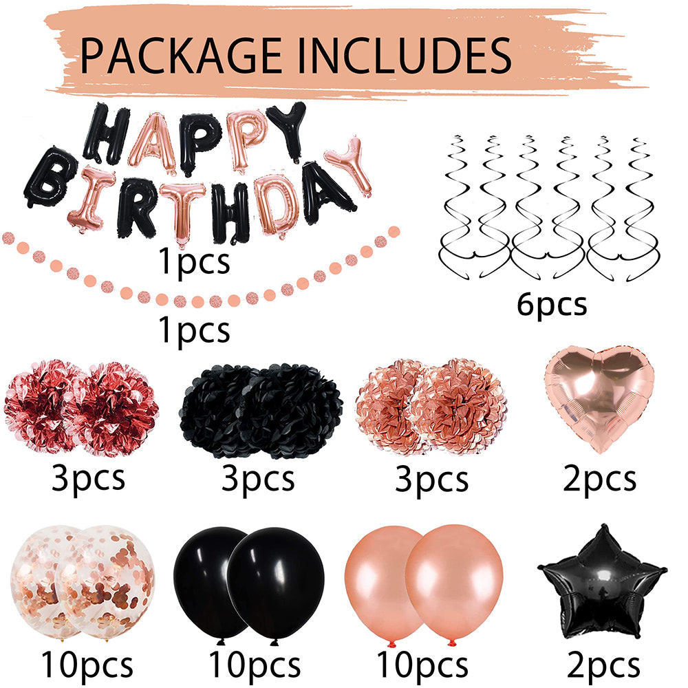 Rose tGold Birthday Party Supplies Happy Birthday Foil Banner Pompoms Confetti Balloons Birthday Party Decoration Set