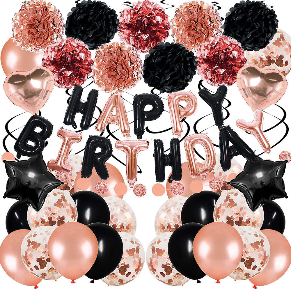 Rose tGold Birthday Party Supplies Happy Birthday Foil Banner Pompoms Confetti Balloons Birthday Party Decoration Set