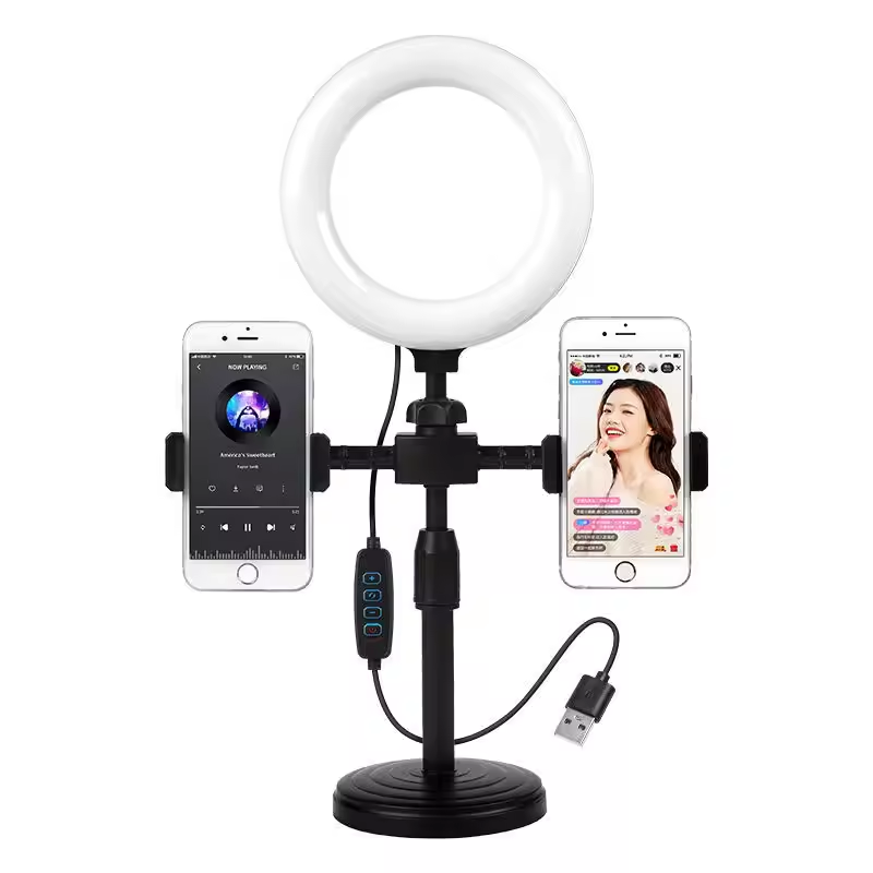 6 inch Mini Ring Light with Clip Clamp Mount Dual Mobile Phone Live Broadcast Stand Desktop Phone Holder For iphone