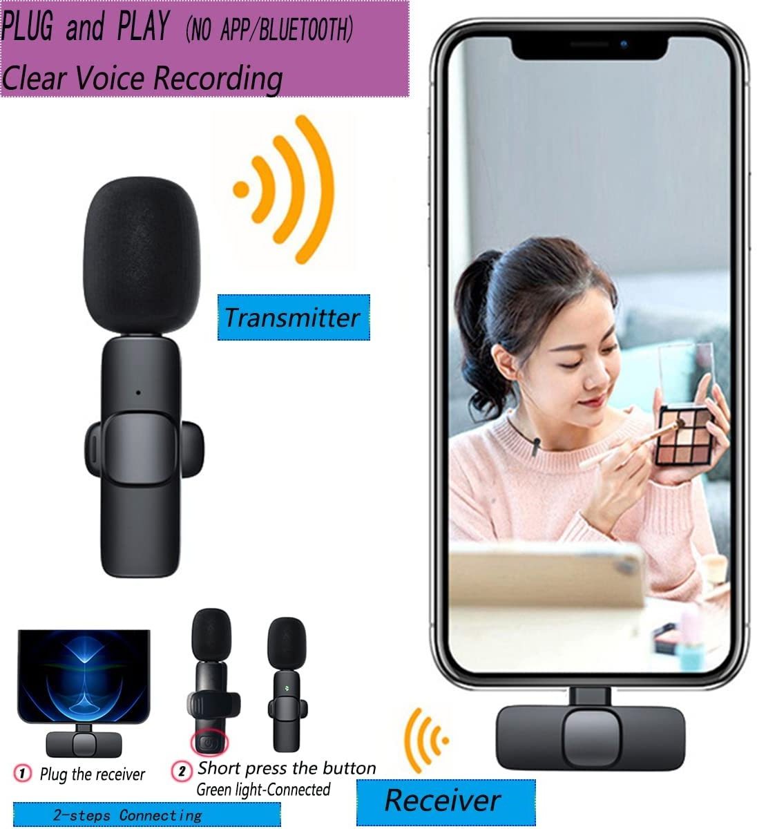 2023 New 1 Drag 2 Microphone Lavalier 2.4GHz 2 in 1 Portable Mini Microphone Wireless Recording Microphone for iPhone