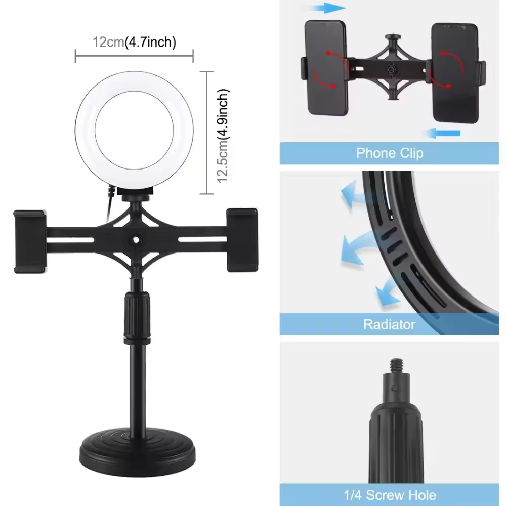 6 inch Mini Ring Light with Clip Clamp Mount Dual Mobile Phone Live Broadcast Stand Desktop Phone Holder For iphone