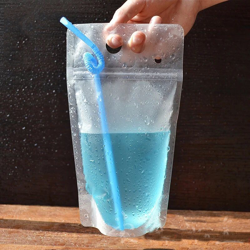 Transparent Clear Reclosable Hand Held Zipper Plastic Clear Juice Drink Pouches with Straws