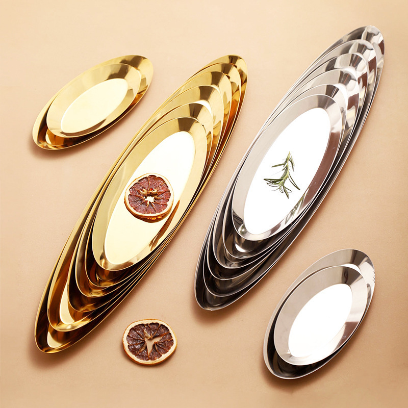 Newest Designs Oval Dinner Plates Japanese Style Stainless Steel Glossy Golden Plate