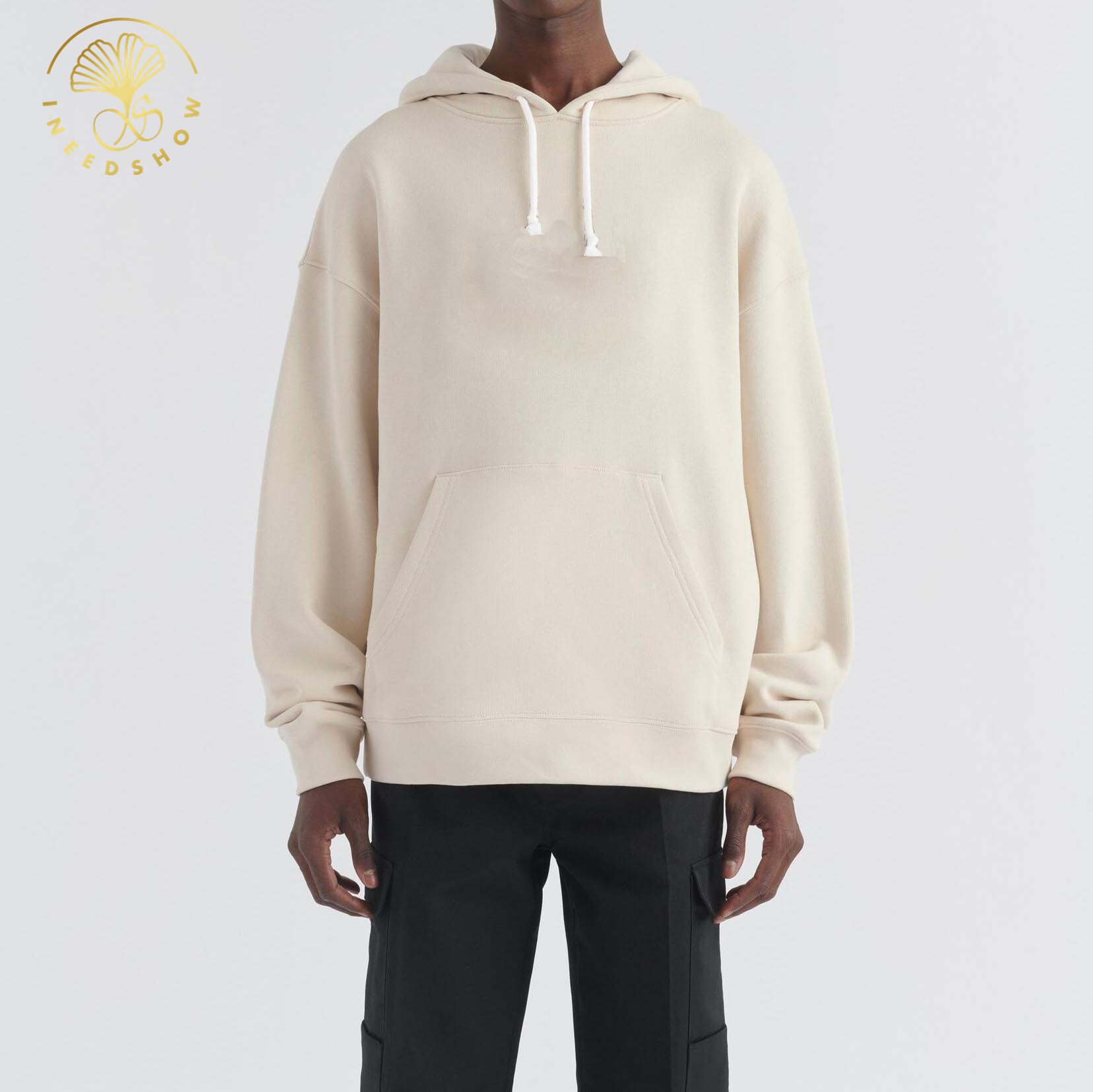 Custom High End Pullover Streetwear Cream Blank Heavyweight Drop Shoulder Men's Cotton Polyester Hoodies With Pockets