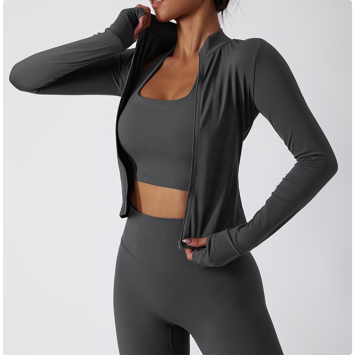 Custom Logo Women Slim Long Sleeve Full Zip Up Running Yoga Gym Fitness Wear Athletic Jacket With Thumb Hole