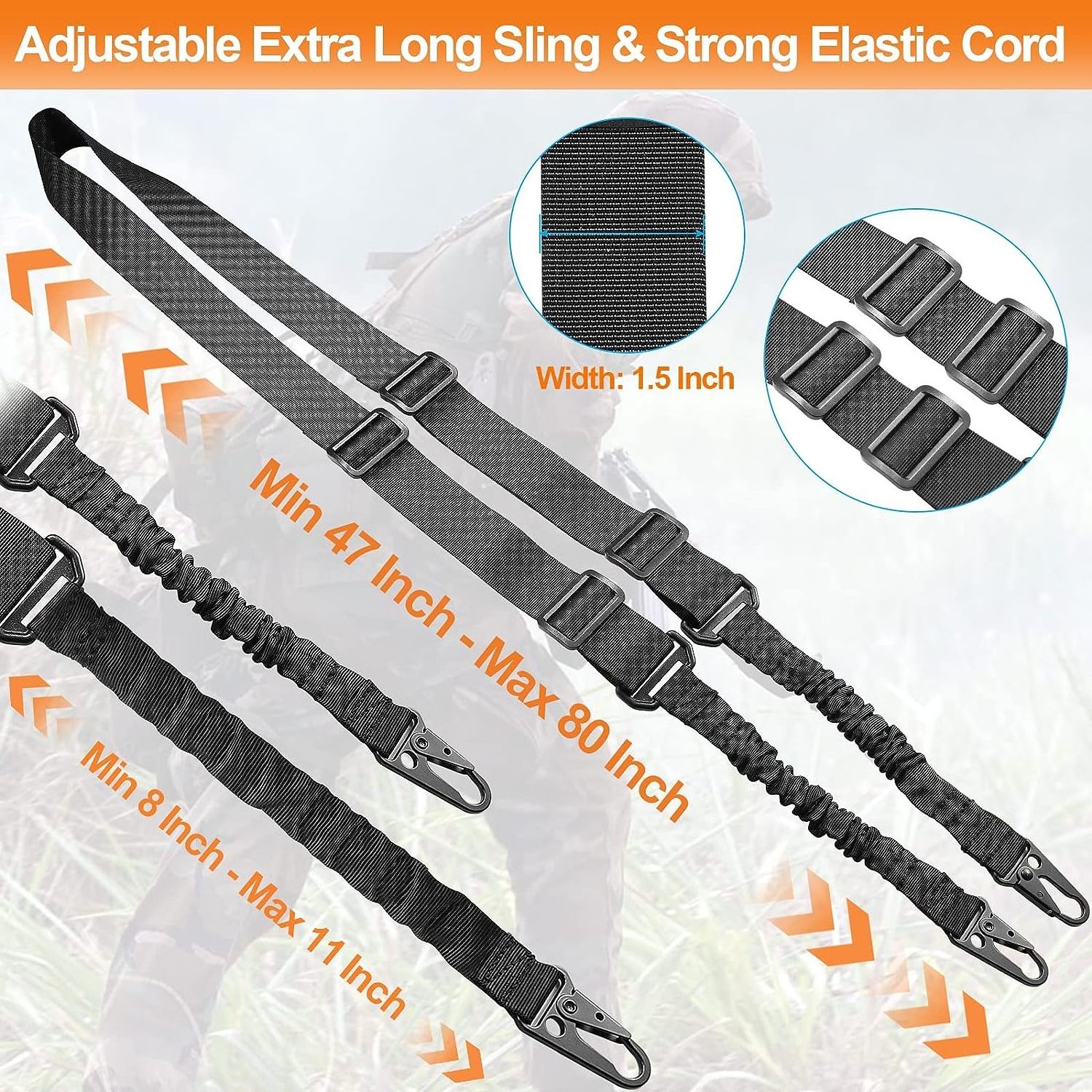 Two Point Traditional Sling with Mounts  Adjustable Extra Long Two Point  with 2 Pack 1.25 QD Sling Rail Swivel Mounts