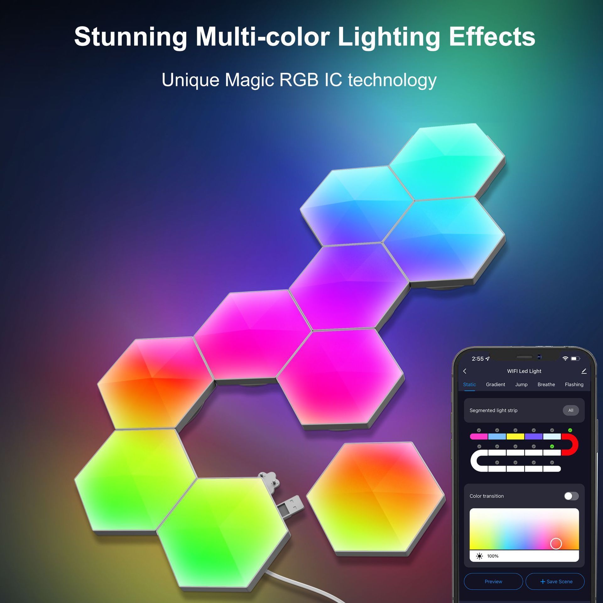 APP Control DIY  Mood Hexagon LED Lights Panel Remote Control Smart Home Wall Panels Touch Sensitive Gaming RGB Night Lights