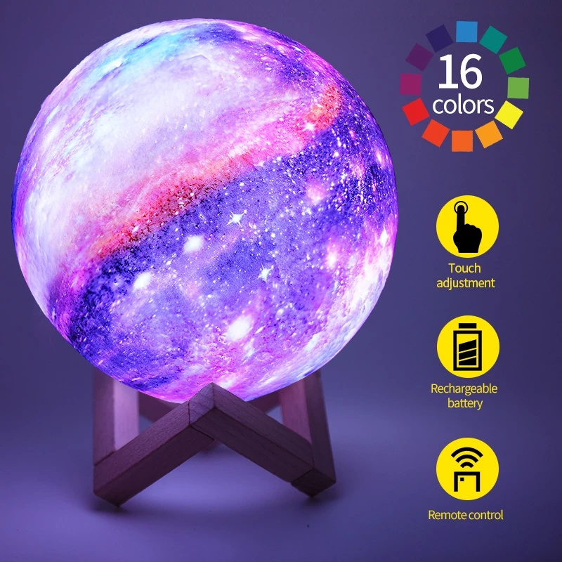 Moon Lamp Kids Night Light Galaxy Lamp 5.9 inch 16 Colors LED 3D Star Moon Light with Wood Stand Remote & Touch Control For Gift