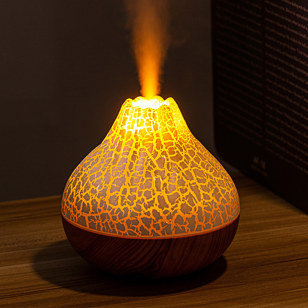 Colorful Lamp Wood Grain Volcano Mini Humidifier USB Personal Desktop Cool Mist Air Humidifier With 7 colors LED Lights