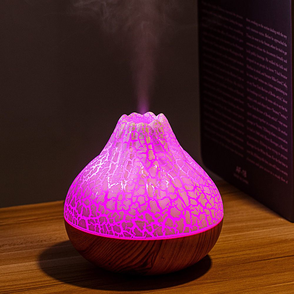 Colorful Lamp Wood Grain Volcano Mini Humidifier USB Personal Desktop Cool Mist Air Humidifier With 7 colors LED Lights