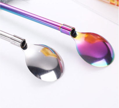 304 stainless steel straw spoon, travel camping dual-use long handle kitchen beverage coffee straw stirring spoon