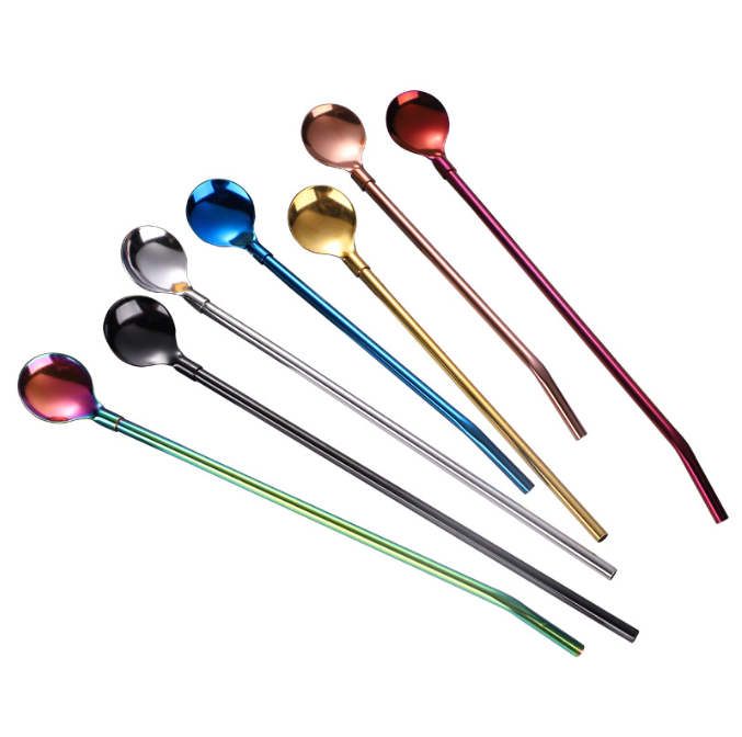 304 stainless steel straw spoon, travel camping dual-use long handle kitchen beverage coffee straw stirring spoon