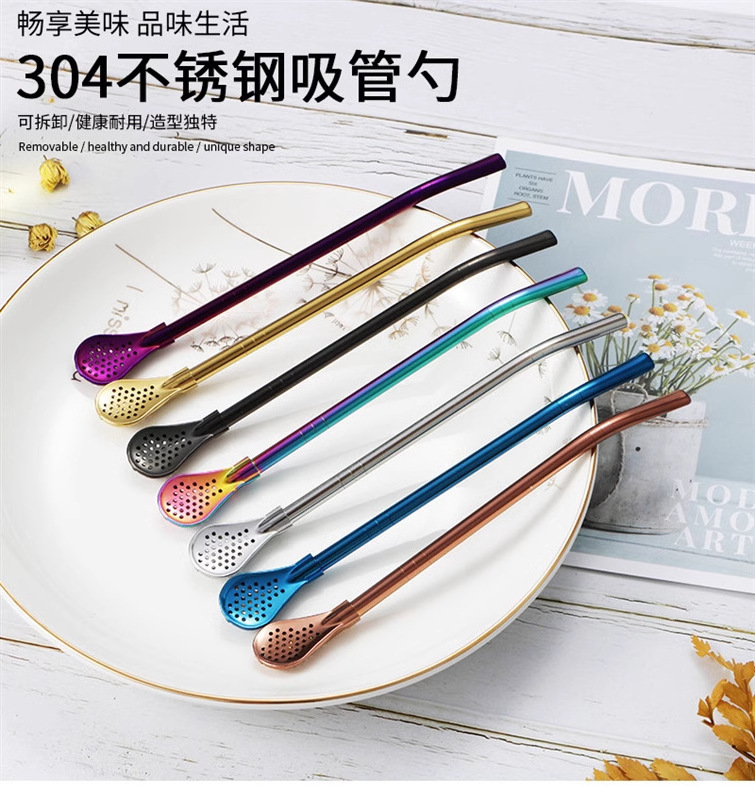 304 stainless steel straw spoon for travel camping with hollow detachable long handle kitchen beverage stirring spoon