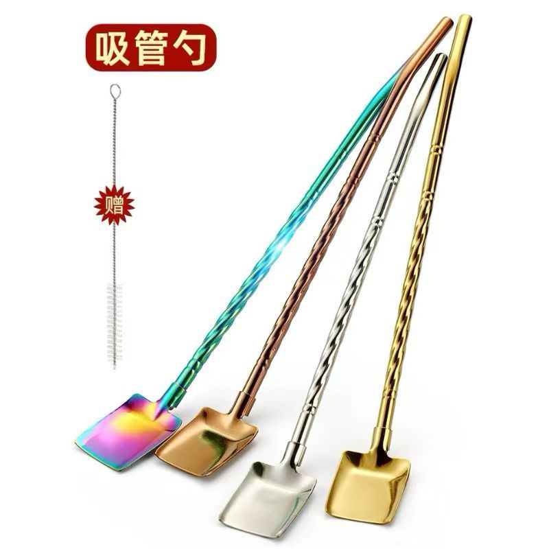 304 Stainless Steel Straw Spoon Dual-Use Integrated Camping Kitchen Utensils Watermelon Ice Cream Spoon Metal Material