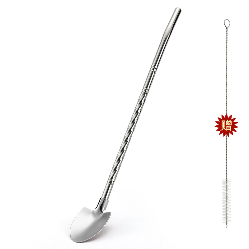 304 stainless steel straw spoon camping dual-use creative long handle pointed spatula beverage kitchen coffee stirring spoon