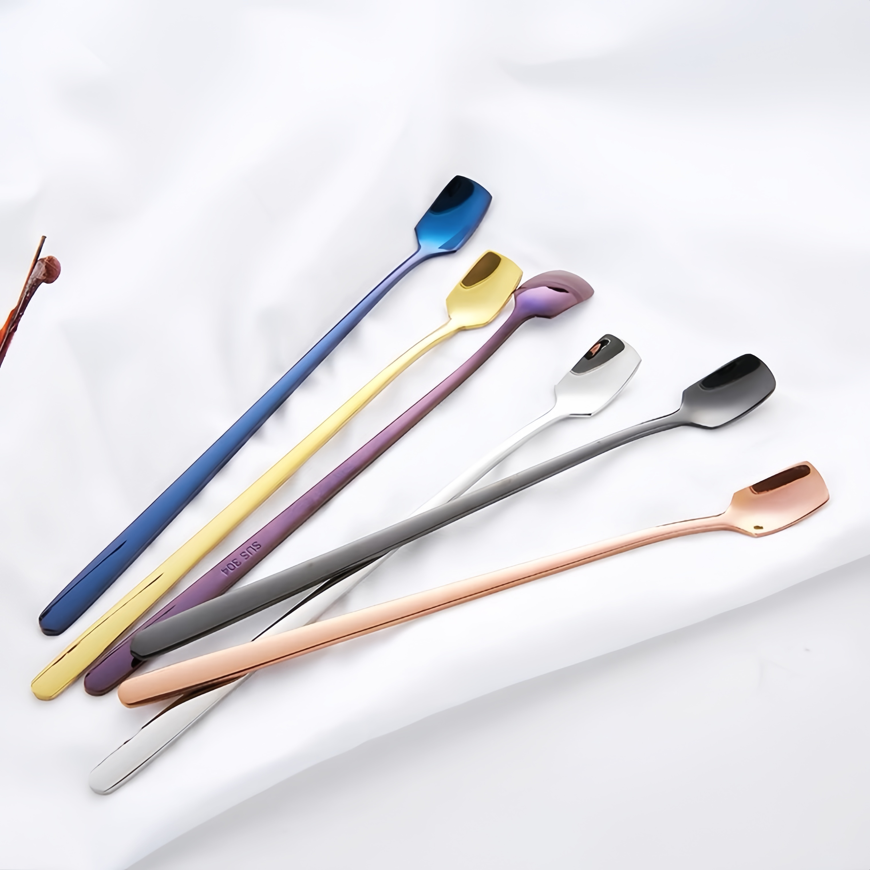 Stainless steel square straw spoon camping dual-use creative long handle stirring spoon beverage coffee colorful straw