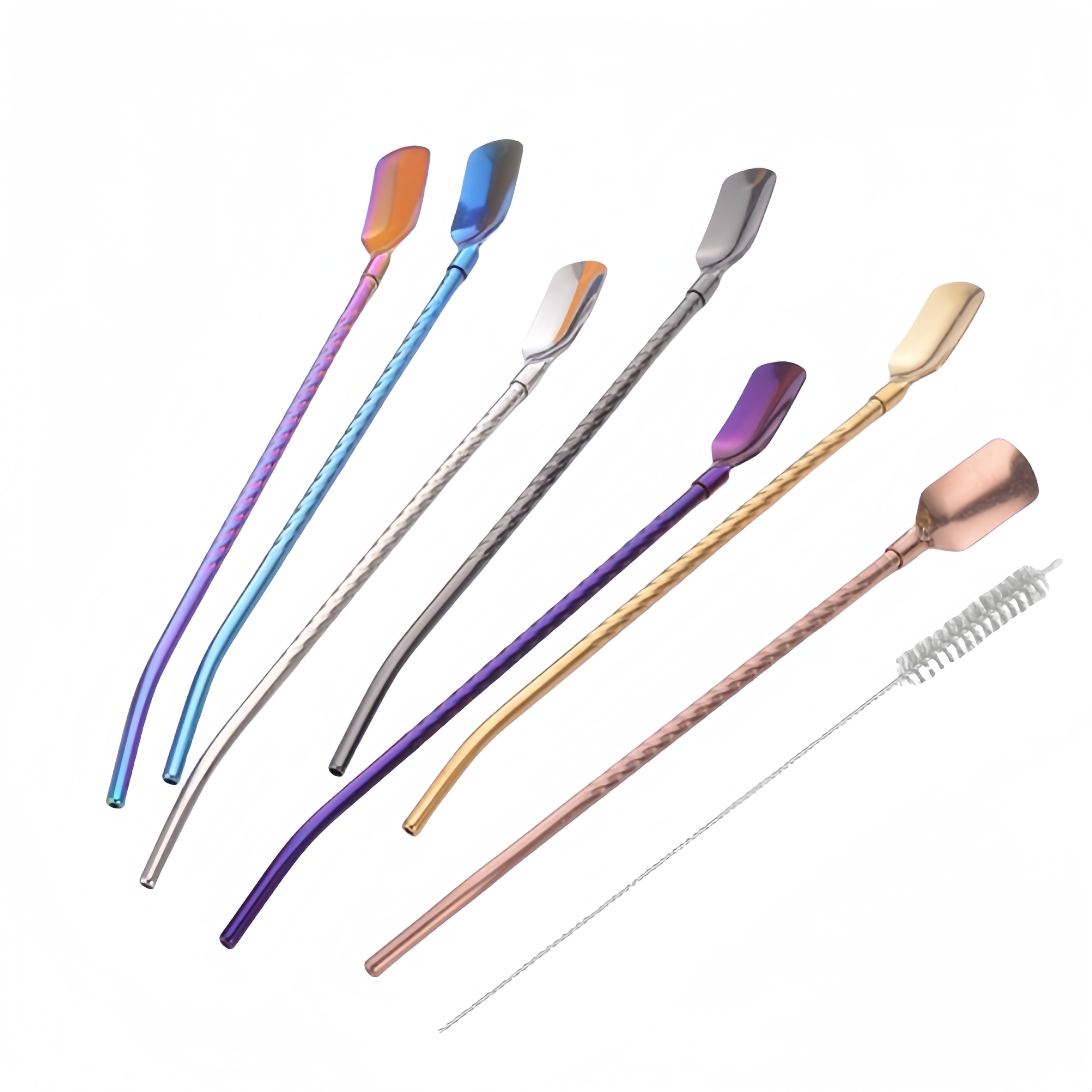 Stainless steel square straw spoon camping dual-use creative long handle stirring spoon beverage coffee colorful straw