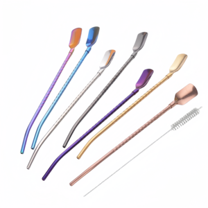 Stainless steel square straw spoon camping dual-use creative long handle stirring spoon beverage coffee colorful straw