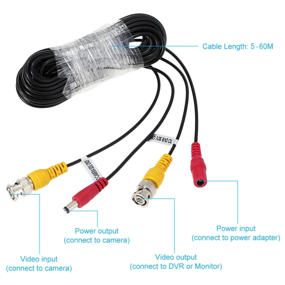 Customizable 20M BNC Male DC 2 In 1 Way Security Camera Extension DC Plug Connector BNC Composite Cable