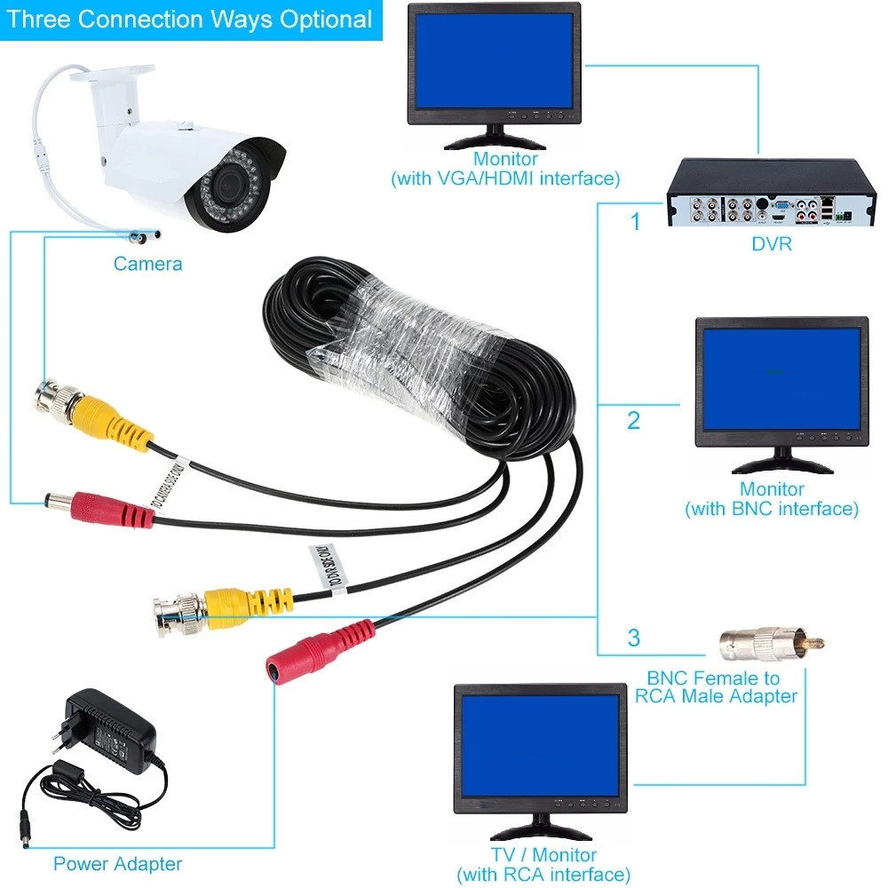 Customizable 20M BNC Male DC 2 In 1 Way Security Camera Extension DC Plug Connector BNC Composite Cable