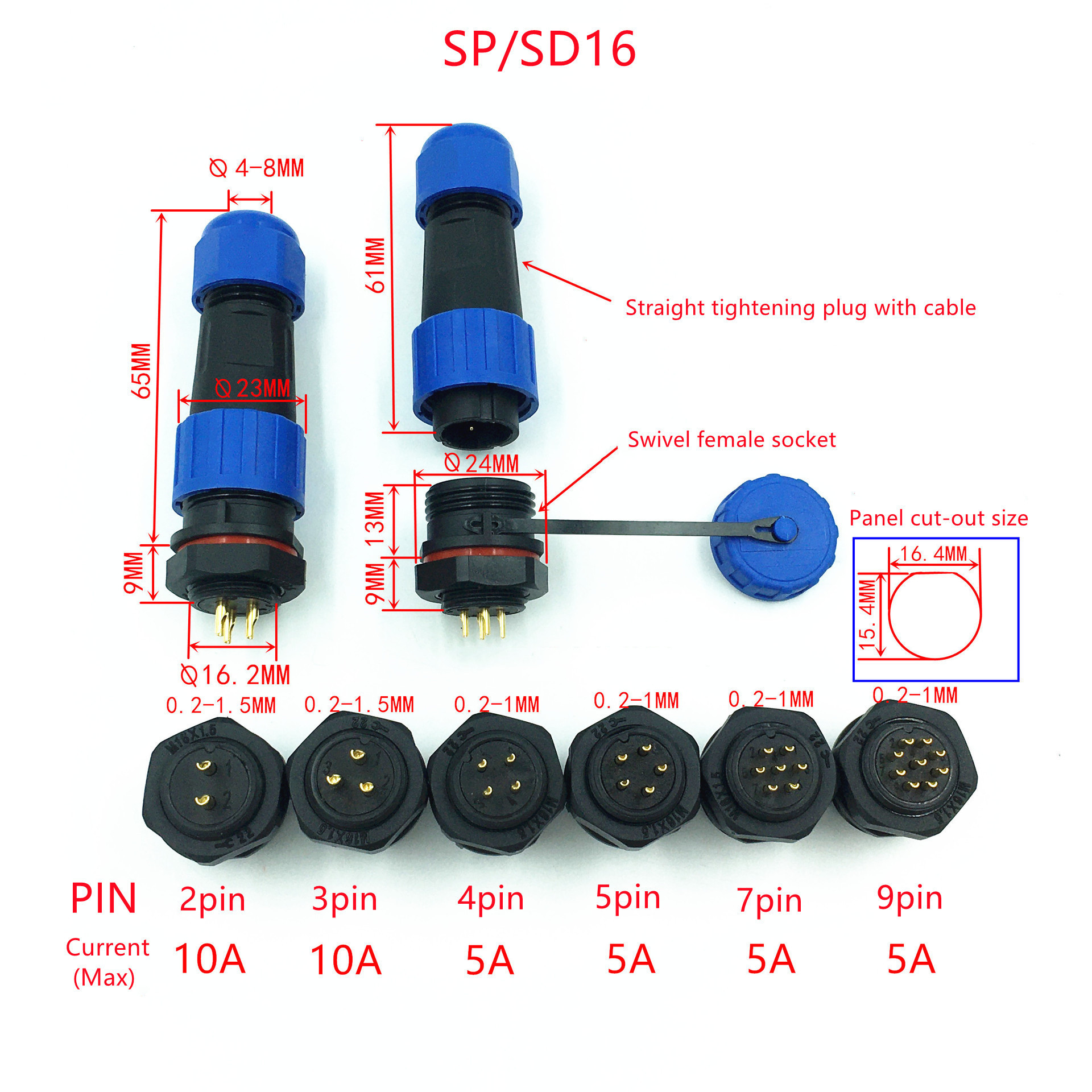 WEIPU IP68 Mount Wire Male Female Cable SD16 Aviation Connector SP16 2Pin Waterproof Connector