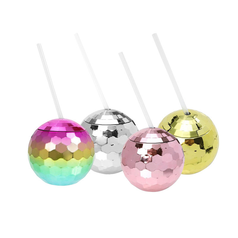 Plastic Round Disco ball Cup Silver Rainbow 20oz Drinking Cup Tumbler Cocktail Cup with Straw and Lid Retro for Party Supplies