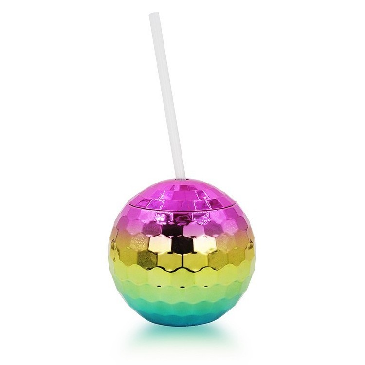 Plastic Round Disco ball Cup Silver Rainbow 20oz Drinking Cup Tumbler Cocktail Cup with Straw and Lid Retro for Party Supplies