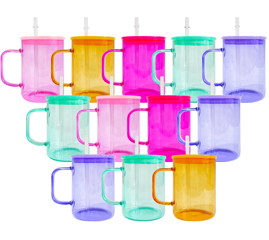 Custom Logo 17oz sublimation colored candy Jelly Clear Frosted Ombre beer can coffee glass mug cup with handle and color lid