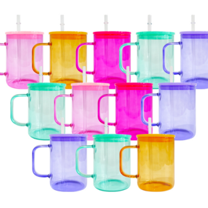 Custom Logo 17oz sublimation colored candy Jelly Clear Frosted Ombre beer can coffee glass mug cup with handle and color lid