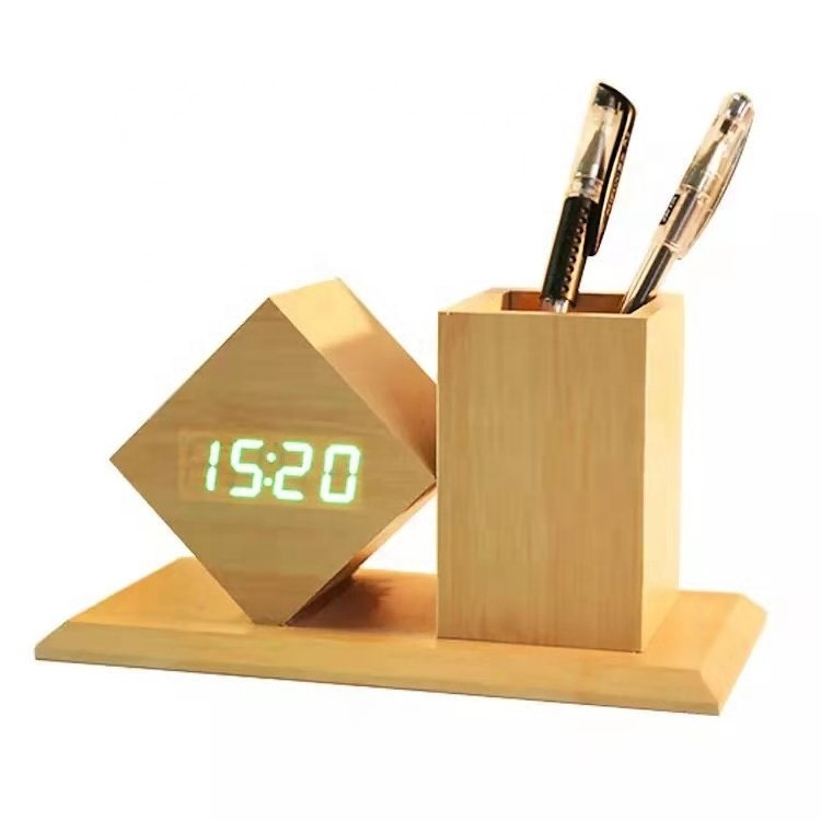 Wooden pen holder with digital LED alarm silent clock for office desktop decoration