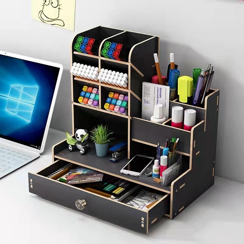 Wooden large capacity multi functional desk organizer pen holder with nordic ins style for office stationery