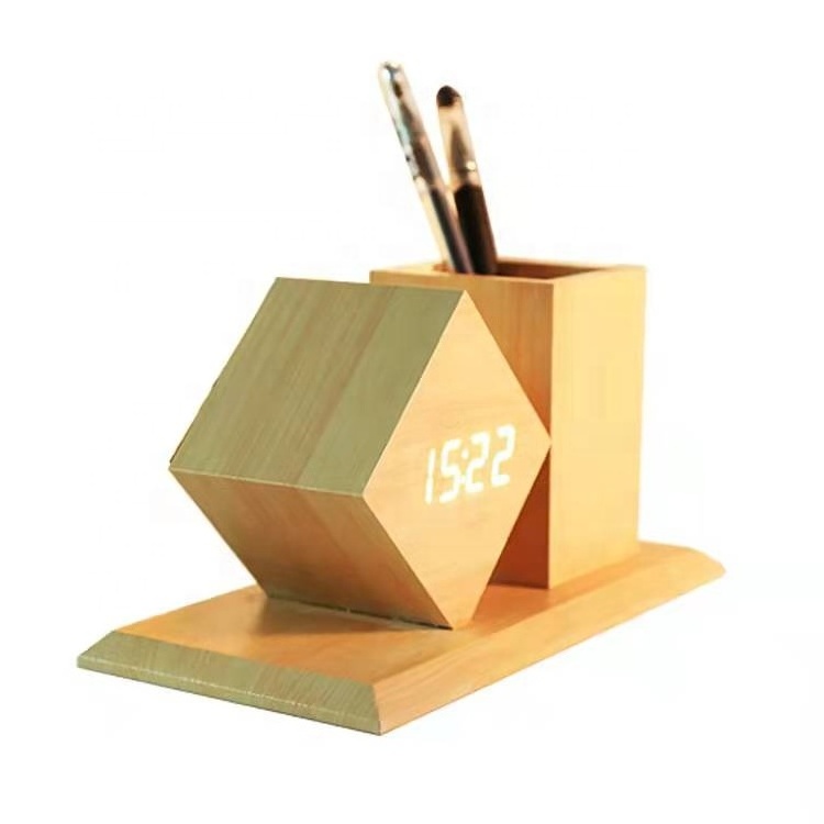 Wooden pen holder with digital LED alarm silent clock for office desktop decoration