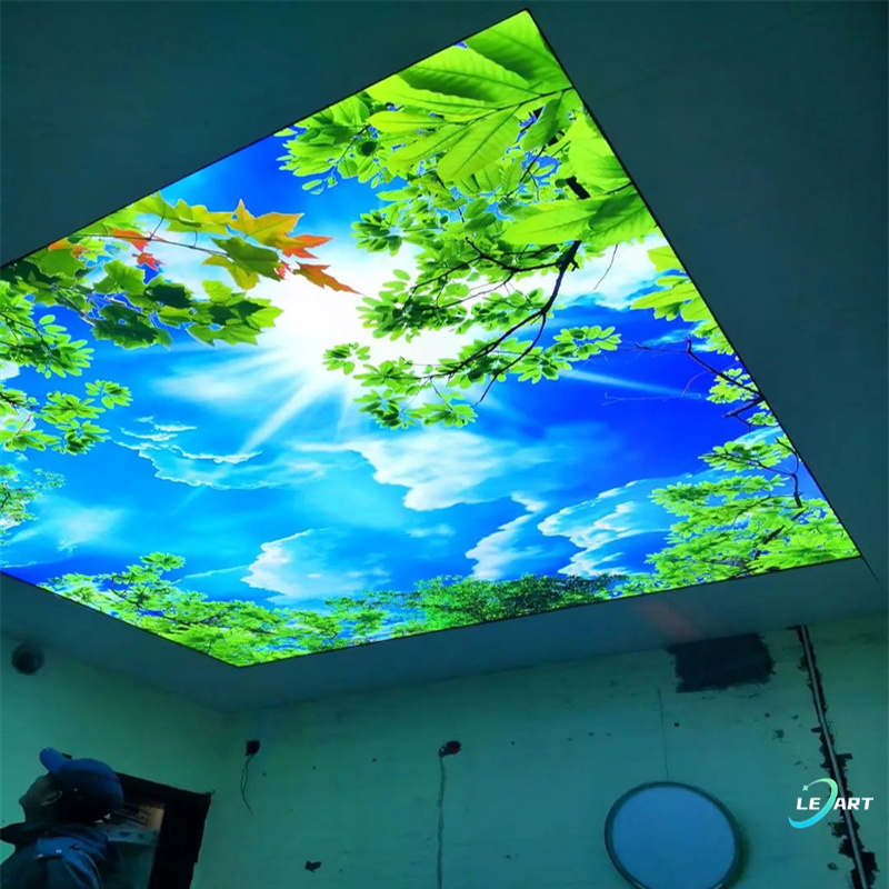 Modern Decorative Suspended Uv Print 3d Effect Lighted Trees And Flowers Stretch Ceiling For Restaurant