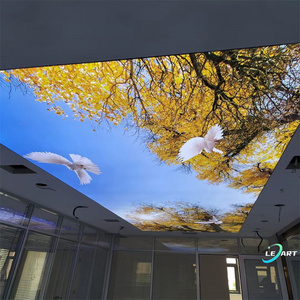 Modern Decorative Suspended Uv Print 3d Effect Lighted Trees And Flowers Stretch Ceiling For Restaurant