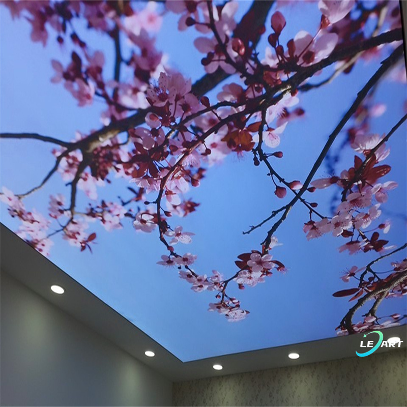 Modern Decorative Suspended Uv Print 3d Effect Lighted Trees And Flowers Stretch Ceiling For Restaurant