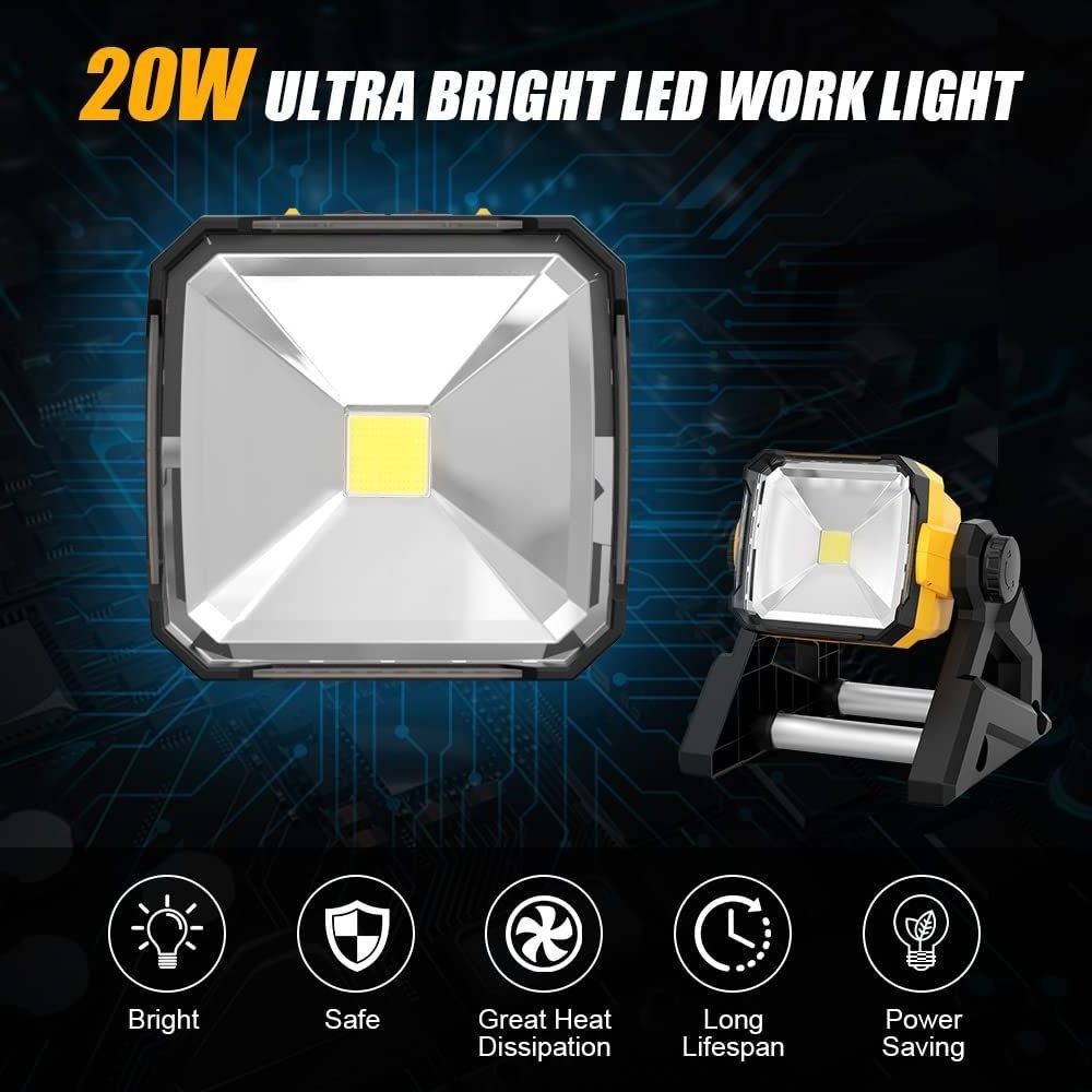 LED Work Light, 20W 3500LM Cordless/Corded Camping Light Compatible with Dewalt 20V Makita 18V Ryobi 18V Black&Decker 20V Batter