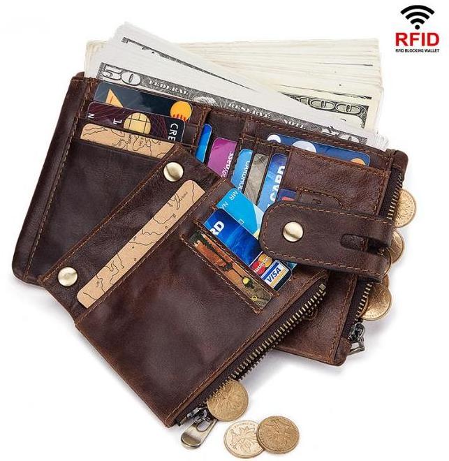 Hot Sale Genuine Leather Man RFID Blocking Wallets Mens Stylish Purses Genuine Cowhide Leather Luxury Zipper Leather Wallet