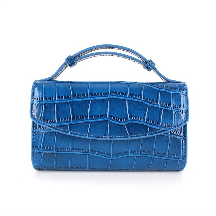 Blue crocodile cowhide leather messenger bag Attachable strap Fashion Over the shoulder Cross body purses