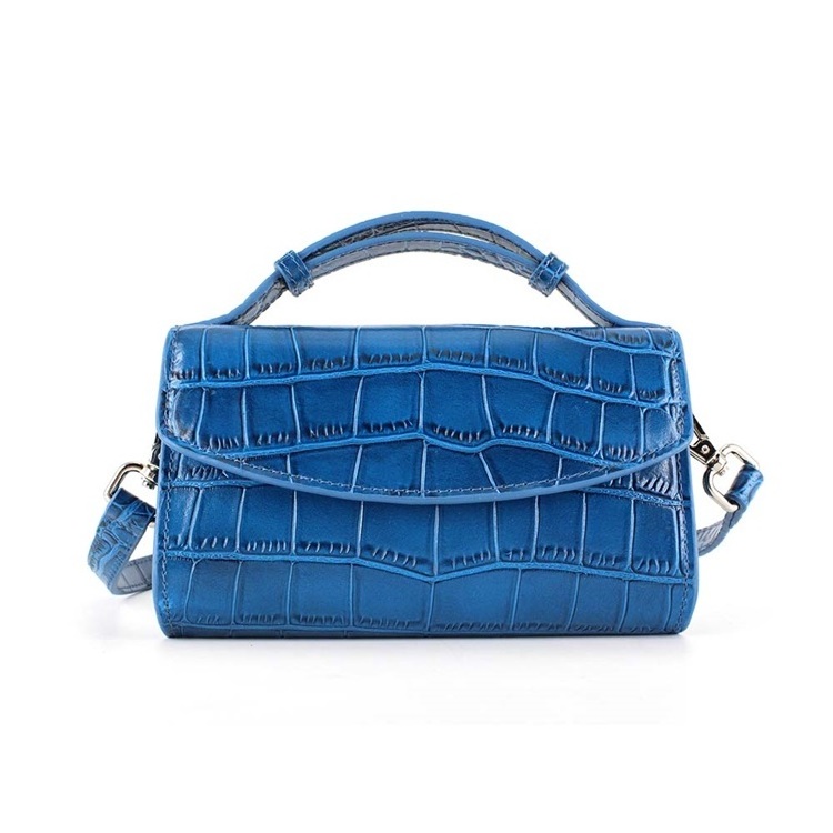 Blue crocodile cowhide leather messenger bag Attachable strap Fashion Over the shoulder Cross body purses