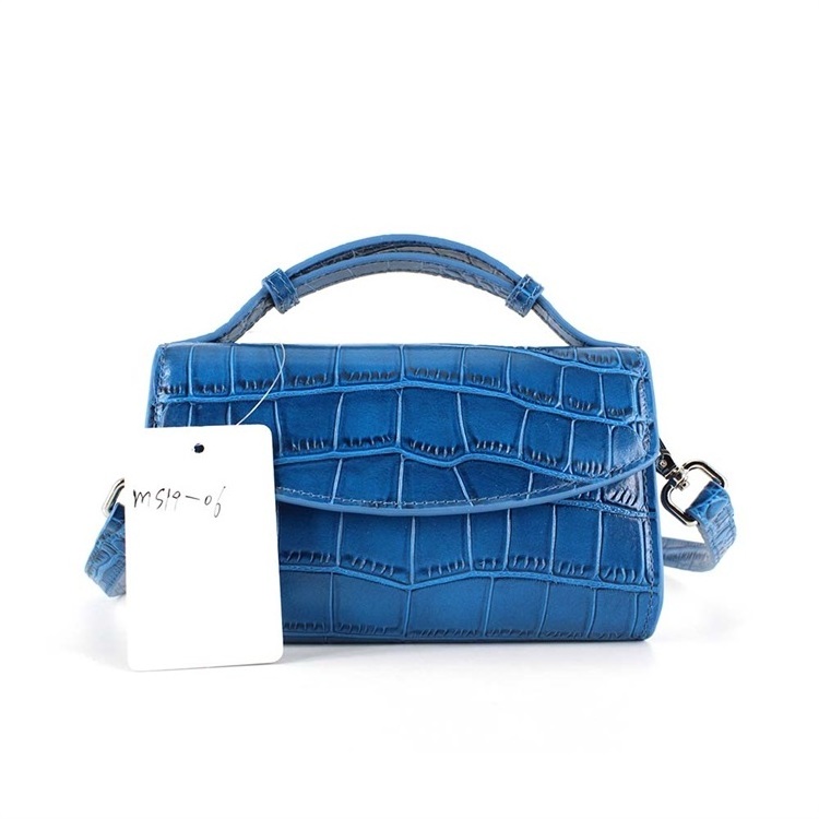 Blue crocodile cowhide leather messenger bag Attachable strap Fashion Over the shoulder Cross body purses