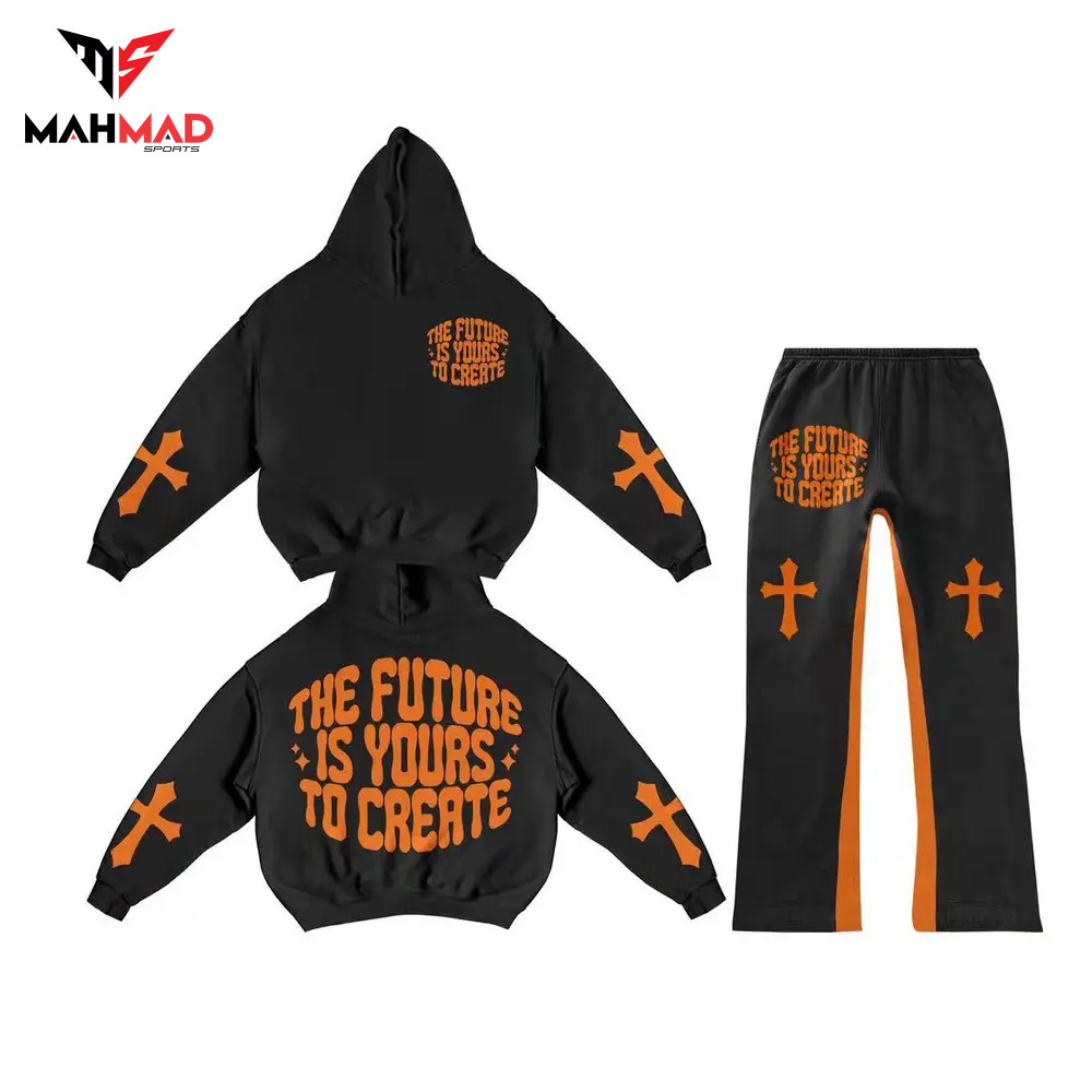 Custom Two Piece Hooded Sweat pant Sets French Terry Cotton oversize 3D Puff Print No String Hoodie flare pant set Tracksuit