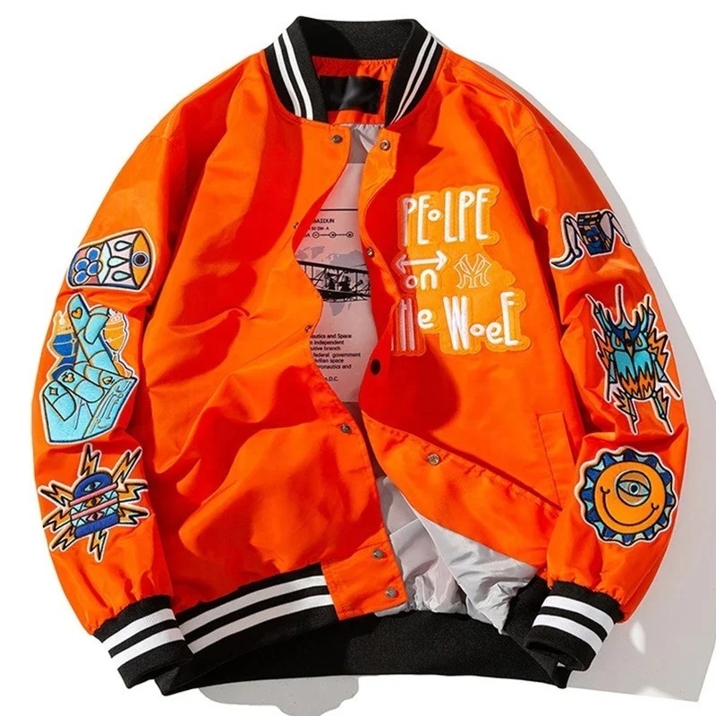 Wholesale Manufacturers Customized Men's Varsity Jackets Top Quality Latest Design Orange Satin Varsity Jackets For Mens