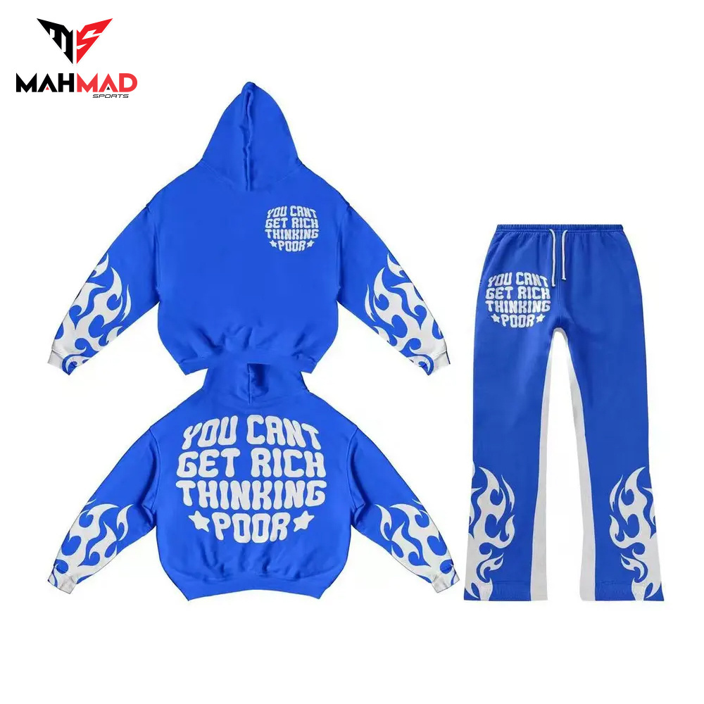 Custom Two Piece Hooded Sweat pant Sets French Terry Cotton oversize 3D Puff Print No String Hoodie flare pant set Tracksuit