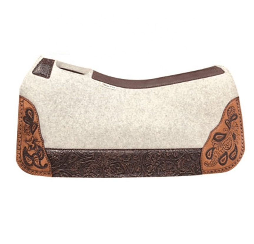 Beige Color Woolen Western Equestrian Hand Tooled Carved Leather Cutback Felt Work Horse Saddle Pad