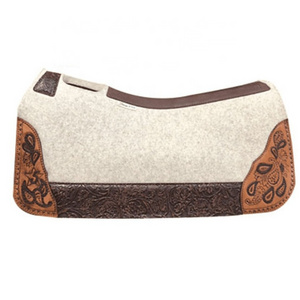 Beige Color Woolen Western Equestrian Hand Tooled Carved Leather Cutback Felt Work Horse Saddle Pad