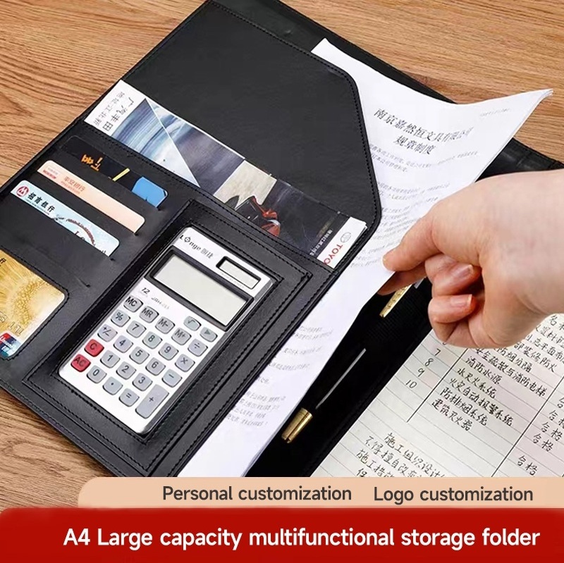 Free Custom Genuine Leather Business Portfolio Bag File Folder A4 Document Folder Binder With Card Holder